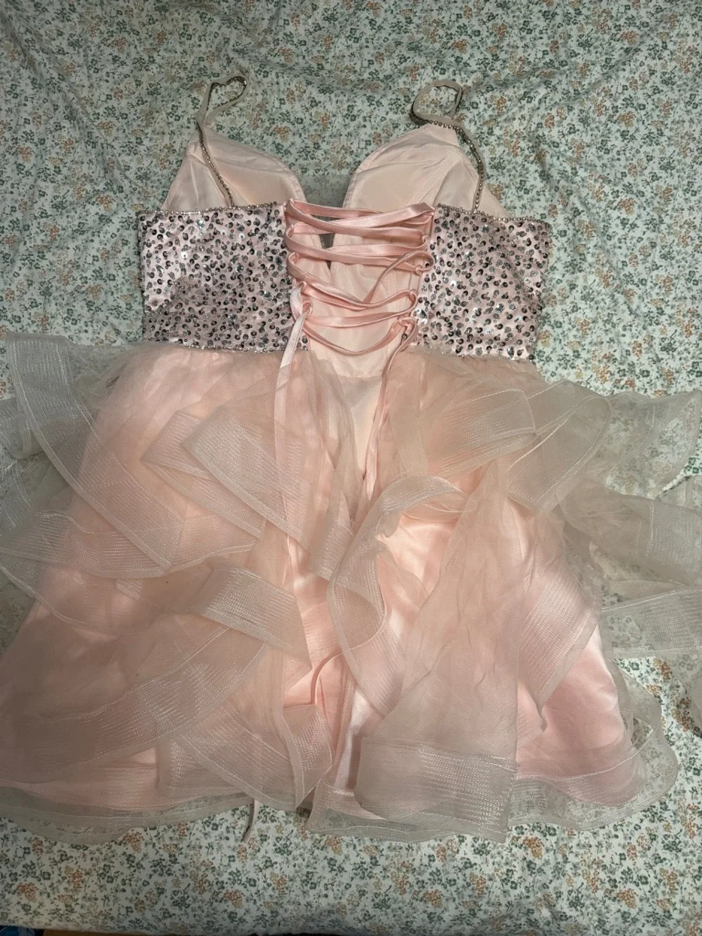 Blush Pink Sequined Spaghetti Strap Prom Dress - Picture 2 of 3